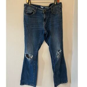 Women's Mossimo Mid-Rise Skinny Boot Cut Denim Blue Jeans Ripped Knees Sz 14R